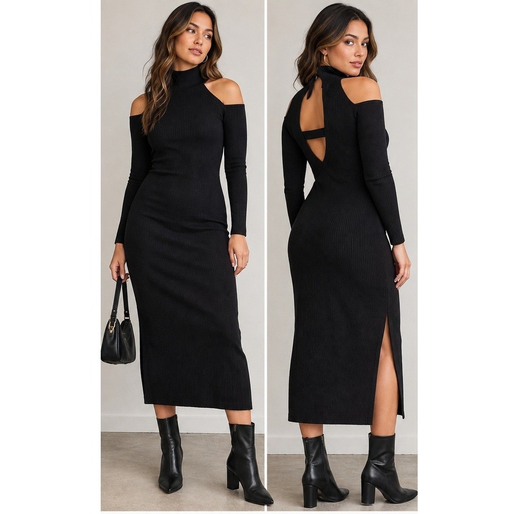 ASTR The Label Midi Dress Women M Black Ribbed Cold Shoulder Open Back Bodycon